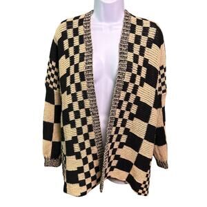 Checkered Knit Cardigan Womens Medium Apricot Black Colorblock Open Front Retro